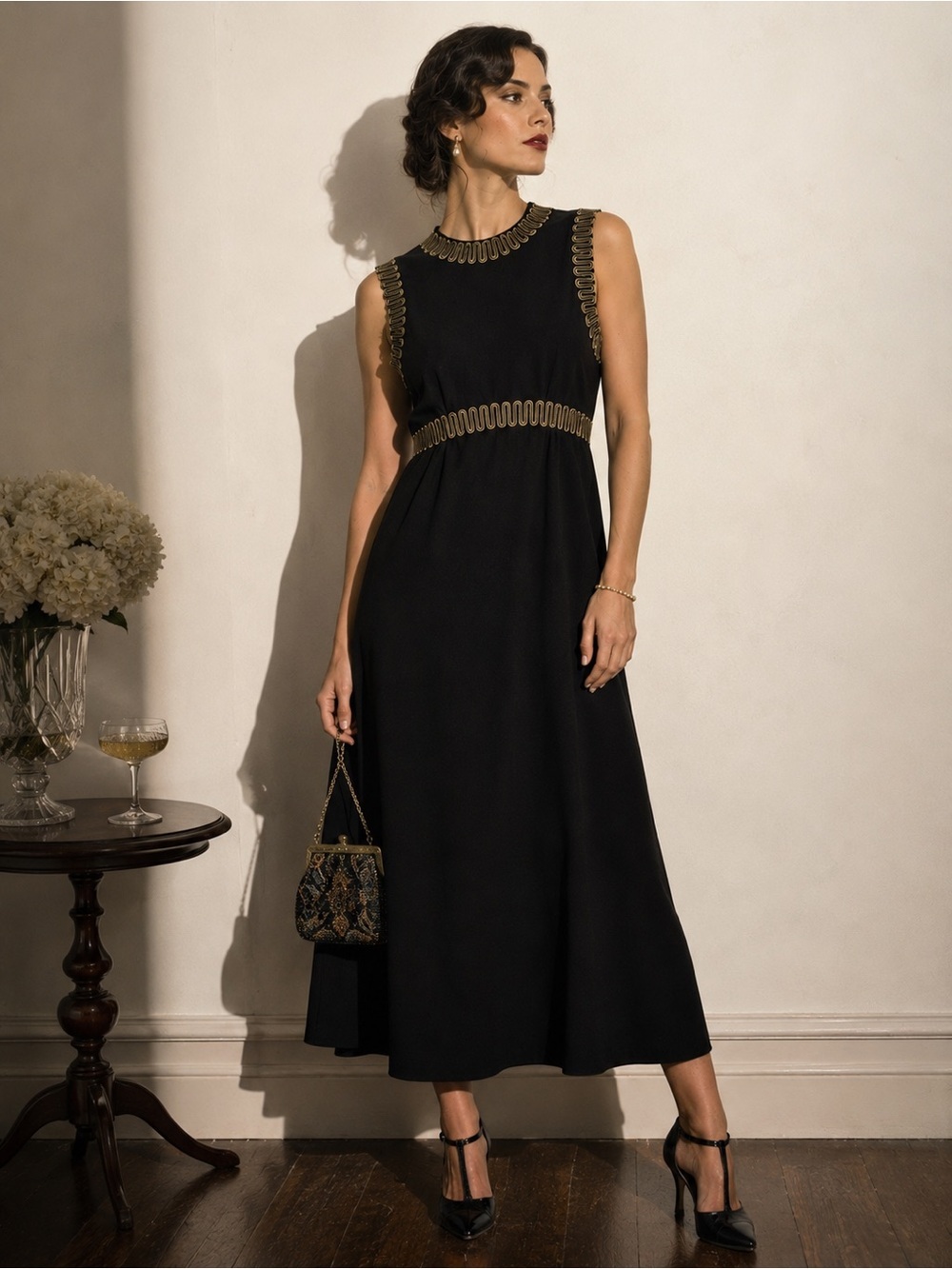 Vintage 1970s George Small New York Black Maxi Column Gown w/ Gold Soutache Trim